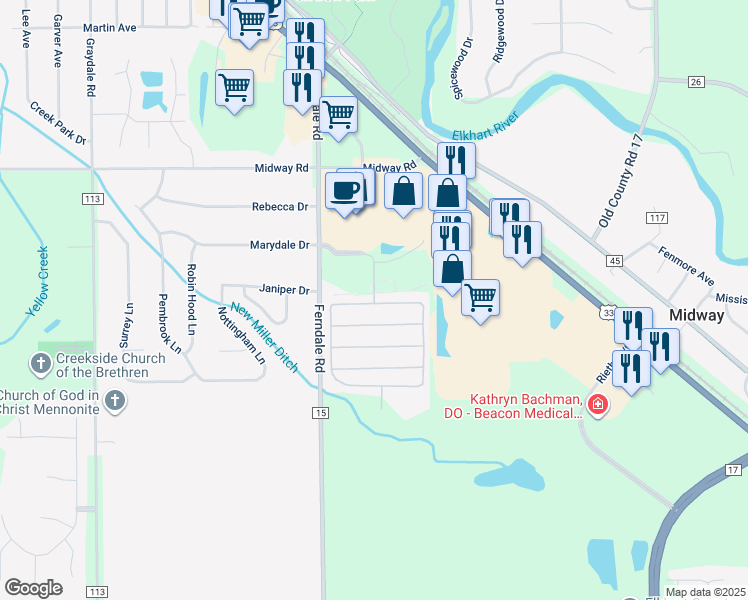 map of restaurants, bars, coffee shops, grocery stores, and more near Babylon Willow Drive in Goshen