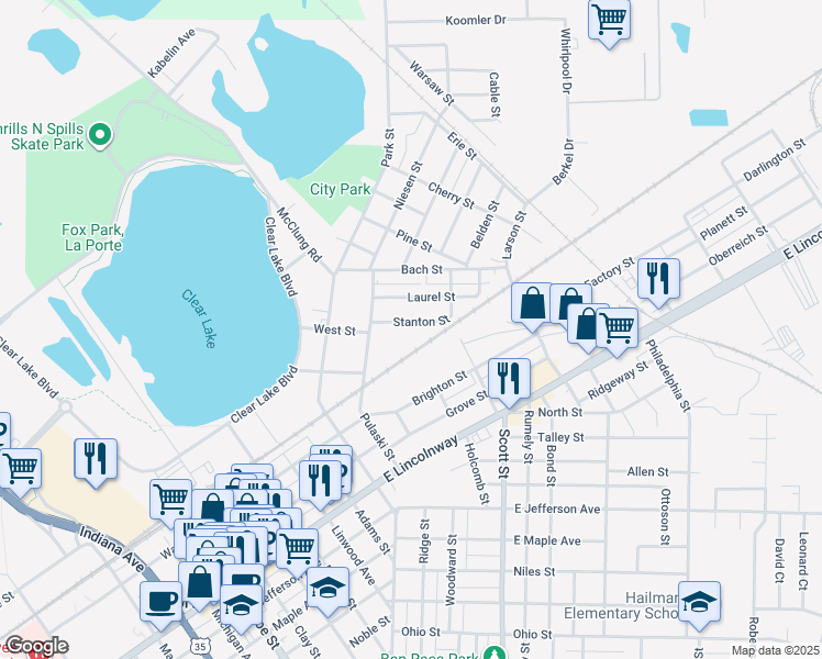 map of restaurants, bars, coffee shops, grocery stores, and more near 130 Stanton Street in La Porte
