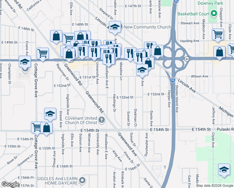 map of restaurants, bars, coffee shops, grocery stores, and more near 15150 Meadow Lane in Dolton