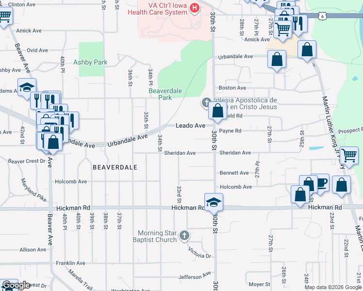 map of restaurants, bars, coffee shops, grocery stores, and more near 3211 Sheridan Avenue in Des Moines