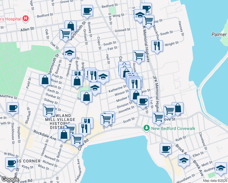 map of restaurants, bars, coffee shops, grocery stores, and more near 74 Katherine Street in New Bedford