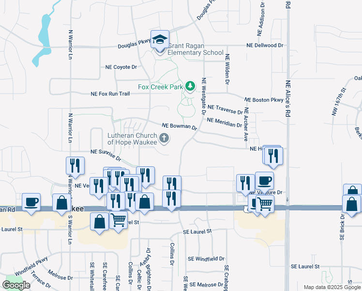 map of restaurants, bars, coffee shops, grocery stores, and more near 318 Northeast Westgate Drive in Waukee