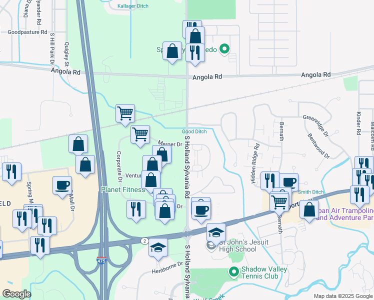 map of restaurants, bars, coffee shops, grocery stores, and more near 1220 South Holland Sylvania Road in Toledo