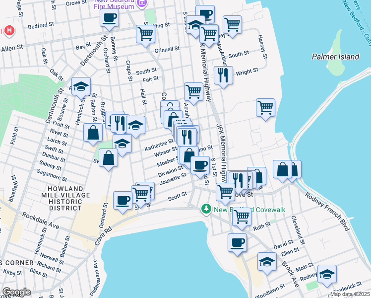 map of restaurants, bars, coffee shops, grocery stores, and more near 104 County Street in New Bedford