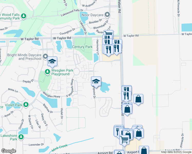 map of restaurants, bars, coffee shops, grocery stores, and more near 144 South Highpoint Drive in Romeoville