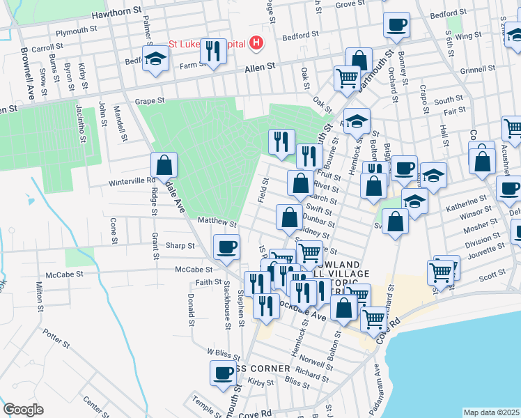 map of restaurants, bars, coffee shops, grocery stores, and more near 48 Stowell Street in New Bedford