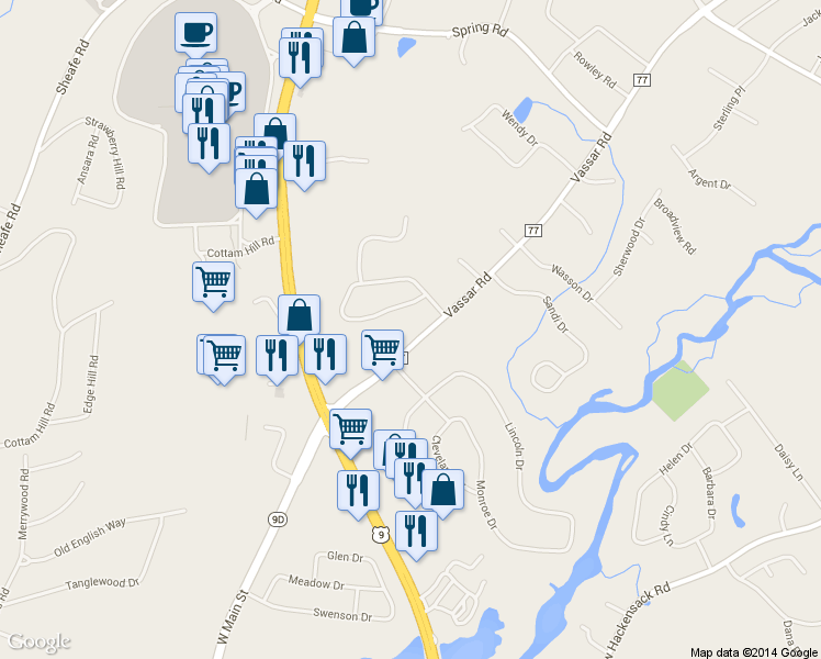 map of restaurants, bars, coffee shops, grocery stores, and more near 726 Vassar Rd in Poughkeepsie