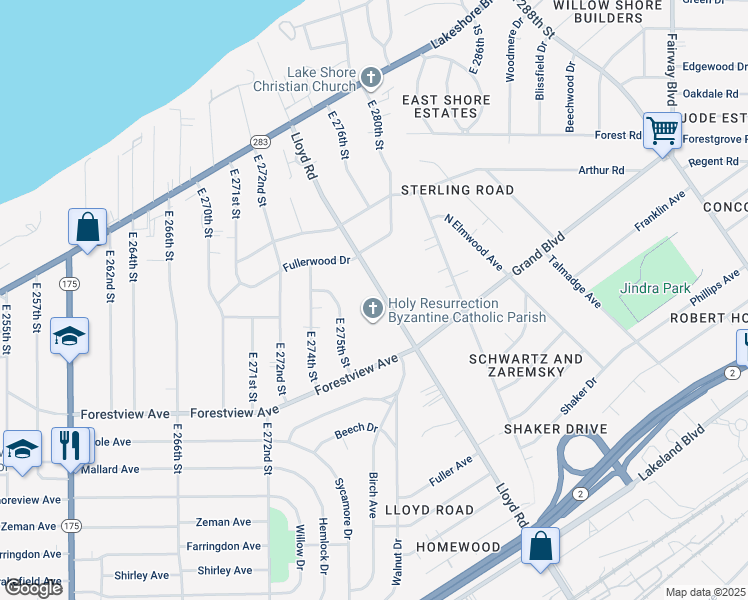 map of restaurants, bars, coffee shops, grocery stores, and more near 512 Lloyd Road in Euclid