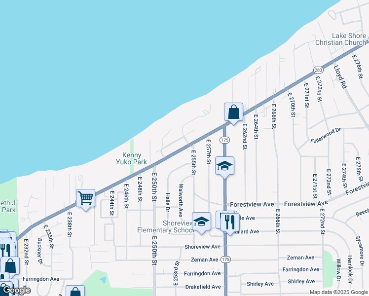 map of restaurants, bars, coffee shops, grocery stores, and more near 25411 Lake Shore Boulevard in Euclid