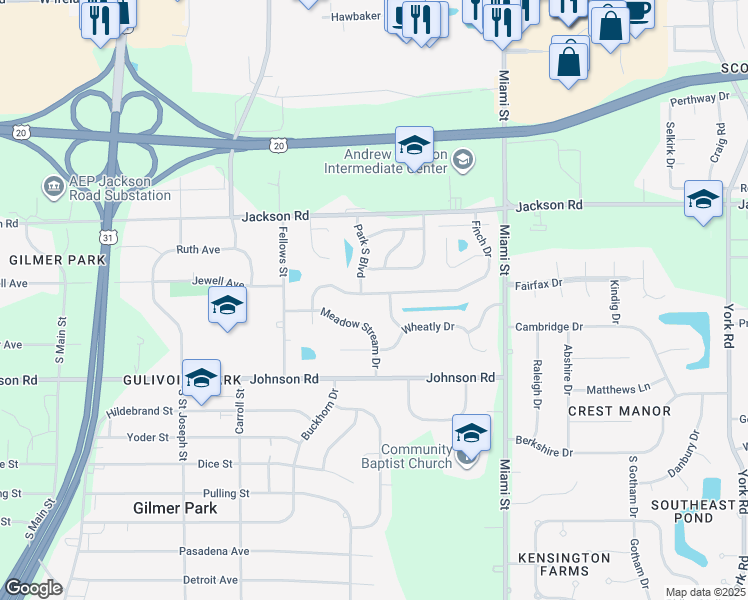 map of restaurants, bars, coffee shops, grocery stores, and more near 706 Finch Drive in South Bend
