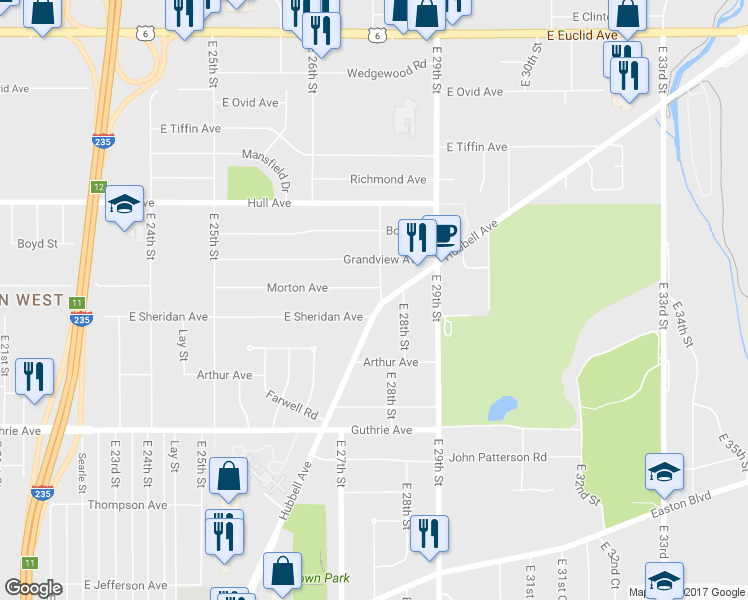 map of restaurants, bars, coffee shops, grocery stores, and more near 2616 East 27th Street in Des Moines