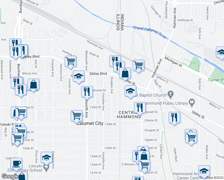 map of restaurants, bars, coffee shops, grocery stores, and more near 55 Memorial Drive in Calumet City