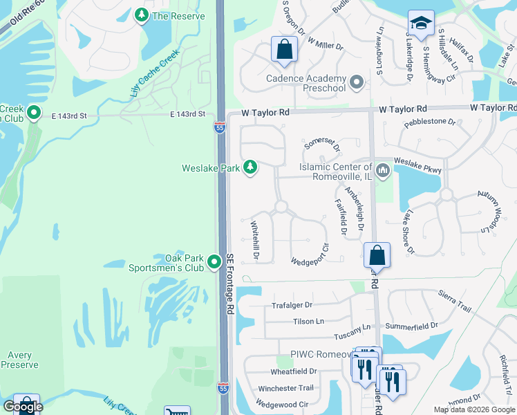 map of restaurants, bars, coffee shops, grocery stores, and more near 2058 Sutcliffe Dr in Romeoville