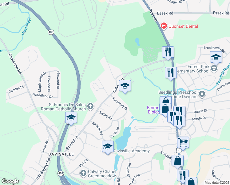map of restaurants, bars, coffee shops, grocery stores, and more near 256 School Street in North Kingstown
