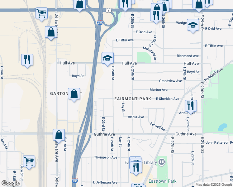 map of restaurants, bars, coffee shops, grocery stores, and more near 2611 East 24th Street in Des Moines