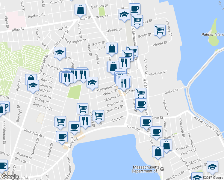map of restaurants, bars, coffee shops, grocery stores, and more near 33 Winsor Street in New Bedford