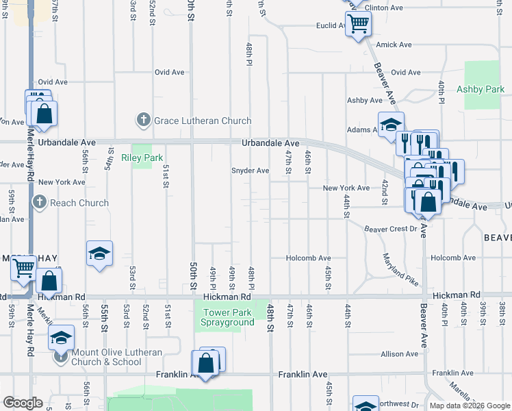 map of restaurants, bars, coffee shops, grocery stores, and more near 2710 48th Place in Des Moines