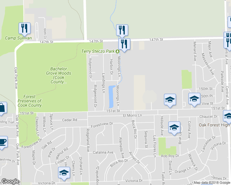 map of restaurants, bars, coffee shops, grocery stores, and more near 15008 Moorings Lane in Oak Forest
