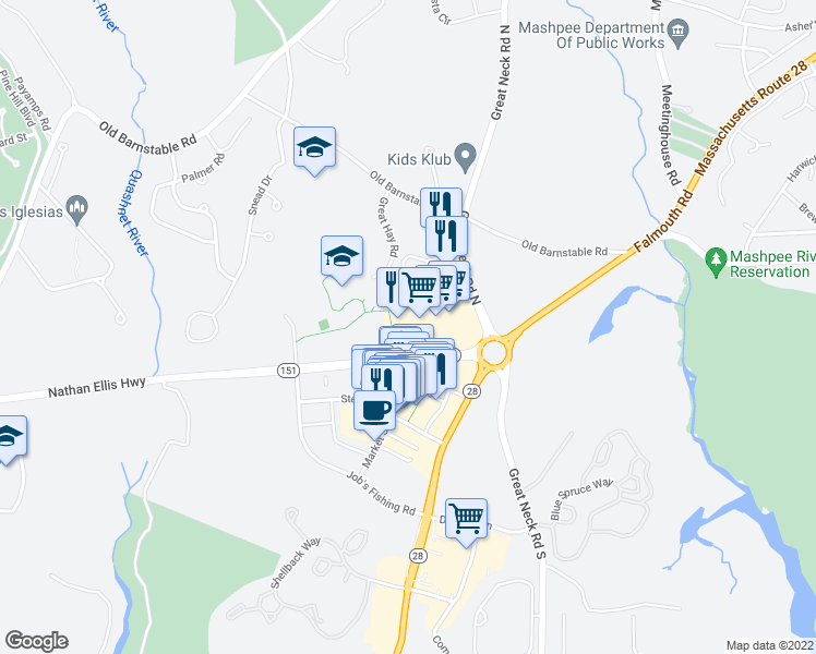 map of restaurants, bars, coffee shops, grocery stores, and more near in Mashpee