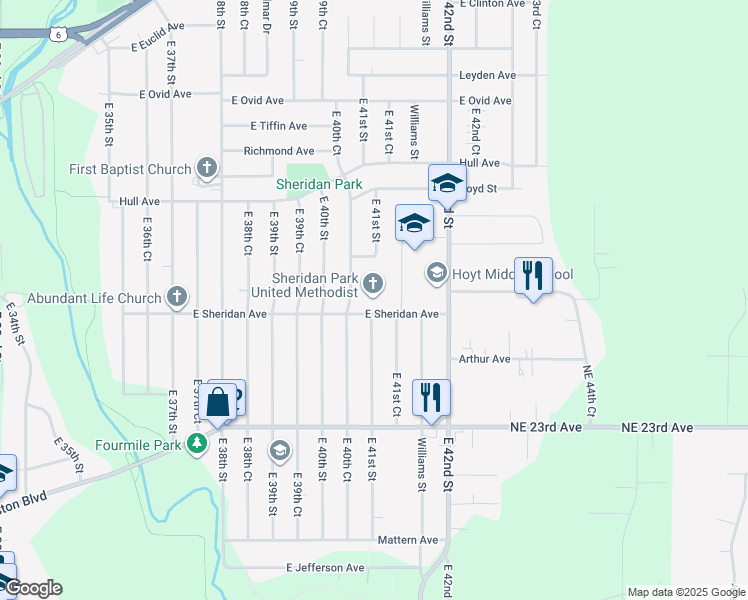 map of restaurants, bars, coffee shops, grocery stores, and more near 4100 East Sheridan Avenue in Des Moines