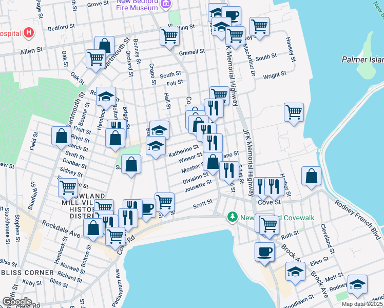 map of restaurants, bars, coffee shops, grocery stores, and more near 33 Winsor Street in New Bedford