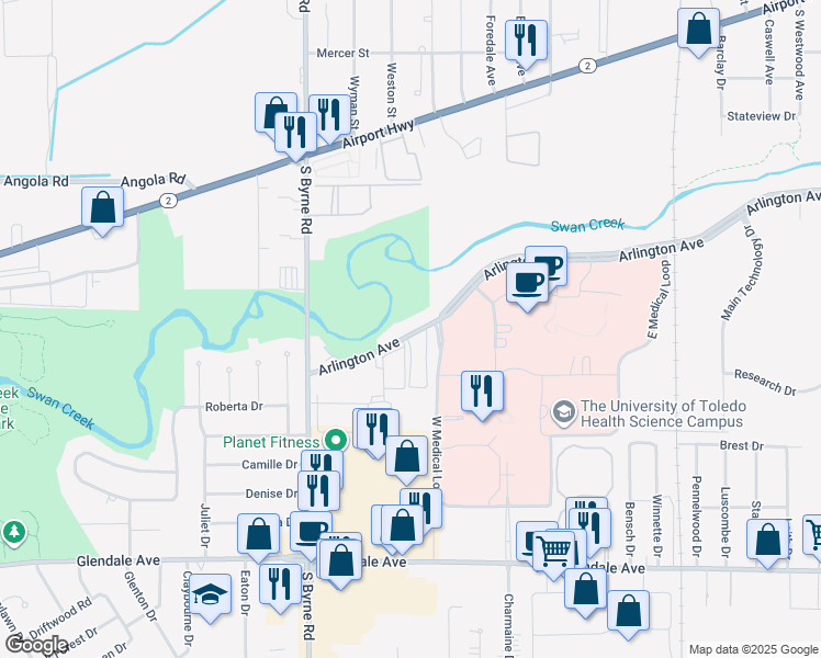 map of restaurants, bars, coffee shops, grocery stores, and more near in Toledo