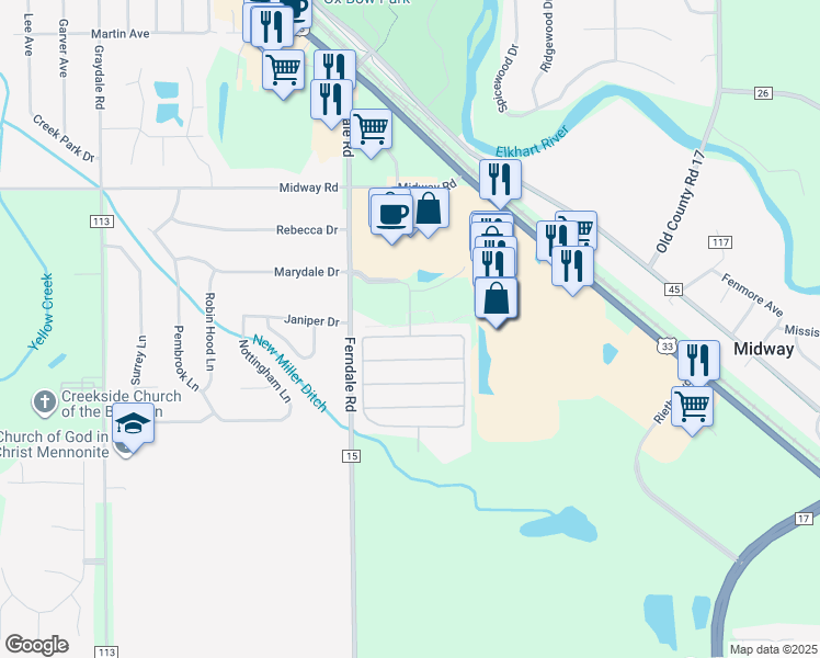 map of restaurants, bars, coffee shops, grocery stores, and more near Babylon Willow Drive in Goshen