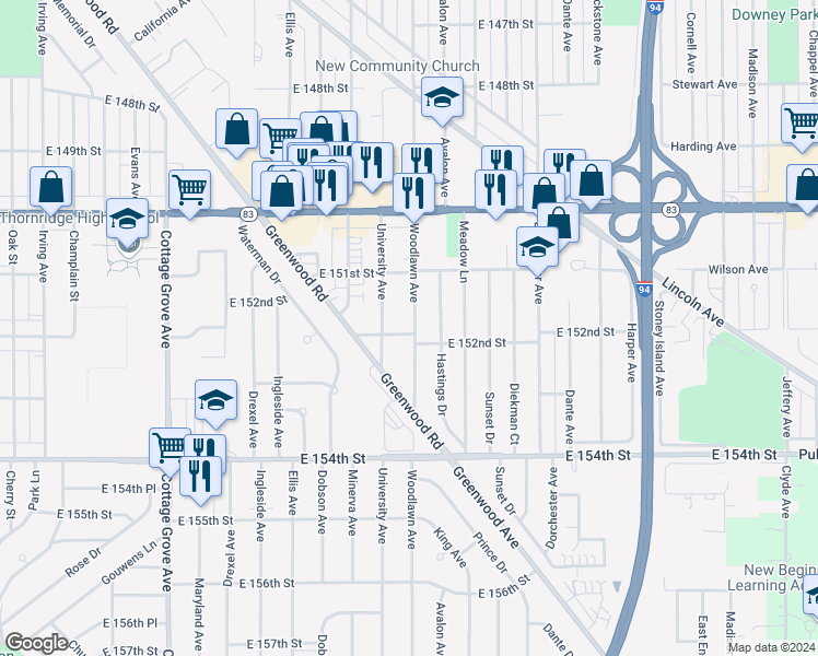 map of restaurants, bars, coffee shops, grocery stores, and more near 15147 Woodlawn Avenue in Dolton