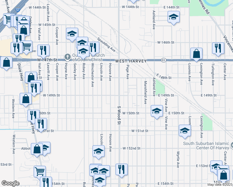 map of restaurants, bars, coffee shops, grocery stores, and more near 14847 Honore Avenue in Harvey