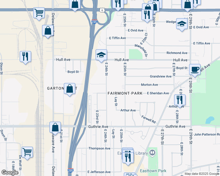 map of restaurants, bars, coffee shops, grocery stores, and more near 2611 East 24th Street in Des Moines
