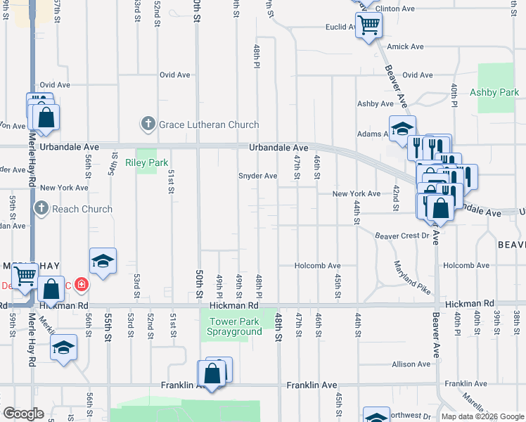 map of restaurants, bars, coffee shops, grocery stores, and more near 2710 48th Place in Des Moines