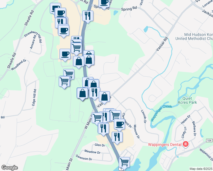 map of restaurants, bars, coffee shops, grocery stores, and more near 44 Stephanie Lane in Poughkeepsie