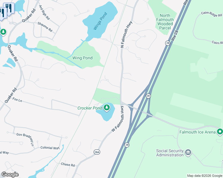 map of restaurants, bars, coffee shops, grocery stores, and more near 12 Burke Lane in Falmouth