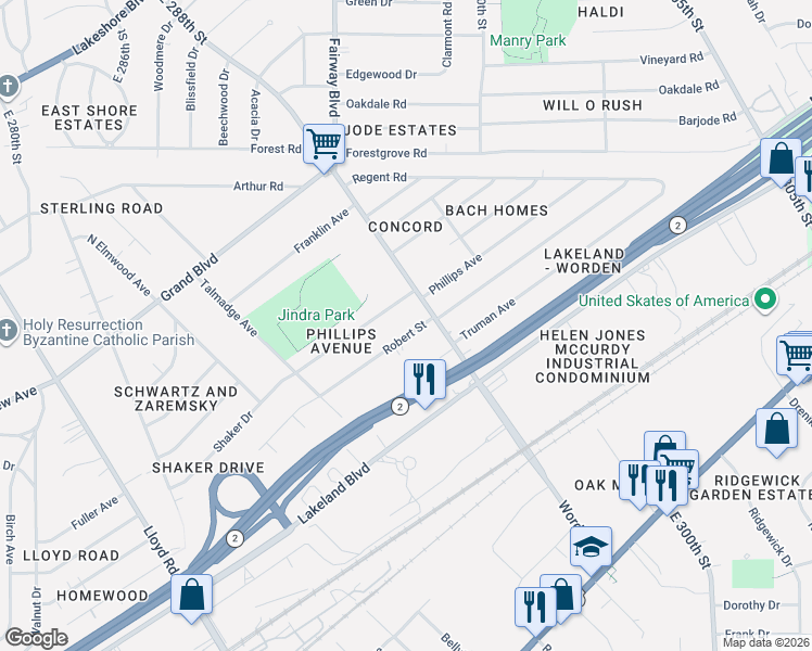 map of restaurants, bars, coffee shops, grocery stores, and more near 29832 Robert Street in Wickliffe