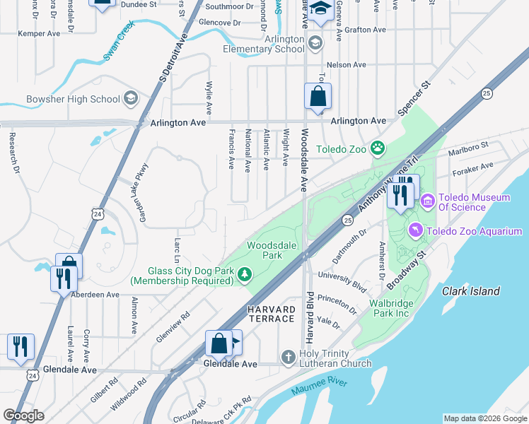 map of restaurants, bars, coffee shops, grocery stores, and more near 1885 Spencer Street in Toledo