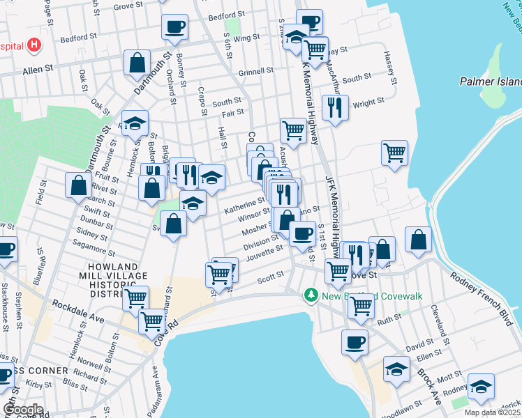 map of restaurants, bars, coffee shops, grocery stores, and more near 25 Winsor Street in New Bedford