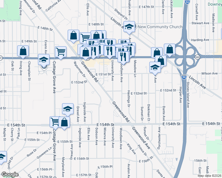 map of restaurants, bars, coffee shops, grocery stores, and more near 1120 East 152nd Street in Dolton