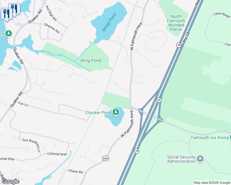 map of restaurants, bars, coffee shops, grocery stores, and more near 12 Burke Lane in Falmouth