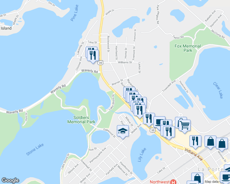 map of restaurants, bars, coffee shops, grocery stores, and more near 342 Pine Lake Avenue in La Porte