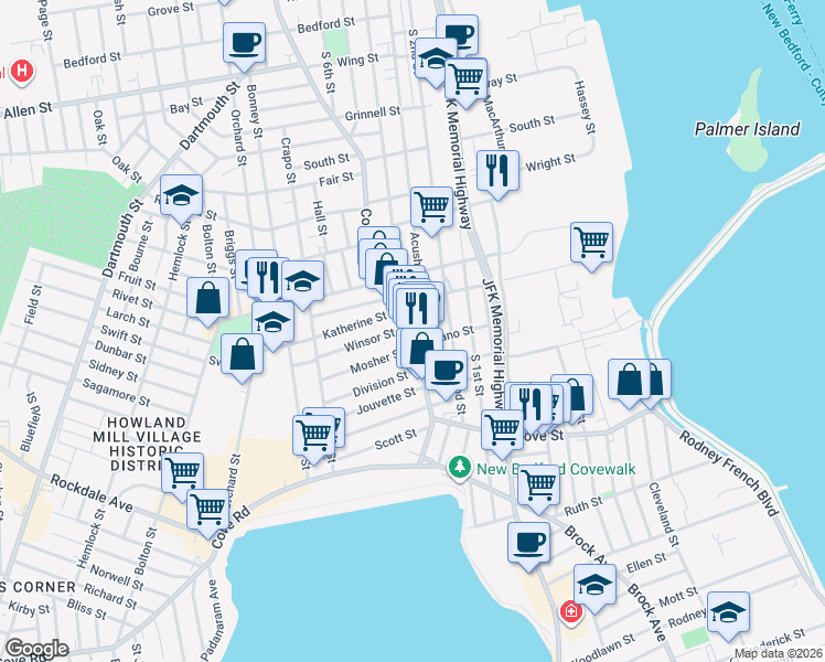map of restaurants, bars, coffee shops, grocery stores, and more near 104 County Street in New Bedford