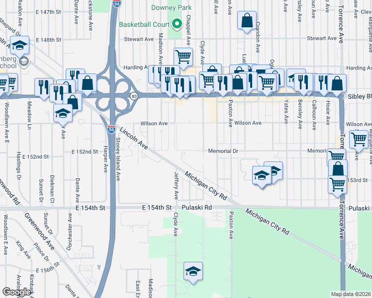 map of restaurants, bars, coffee shops, grocery stores, and more near 1954 Memorial Drive in Calumet City