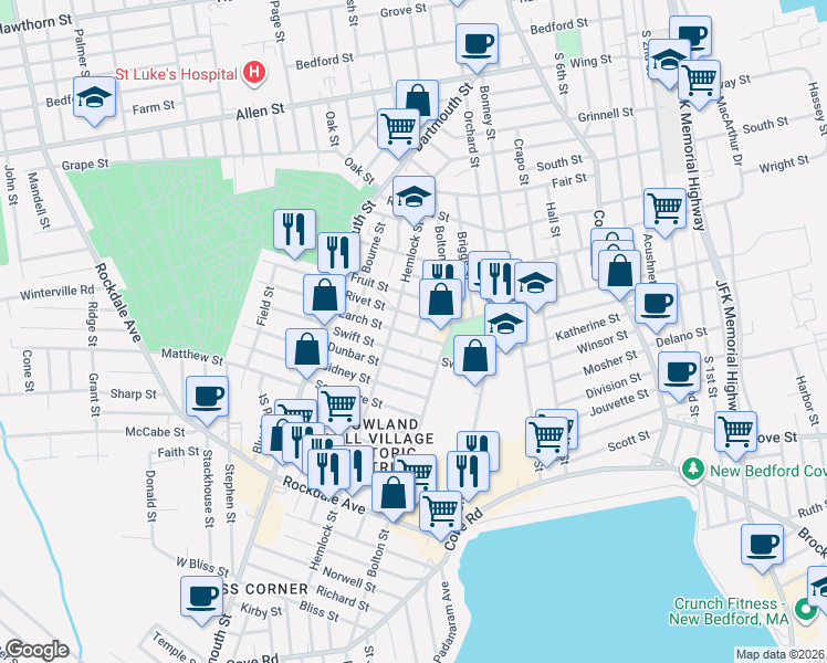 map of restaurants, bars, coffee shops, grocery stores, and more near 35 Larch Street in New Bedford