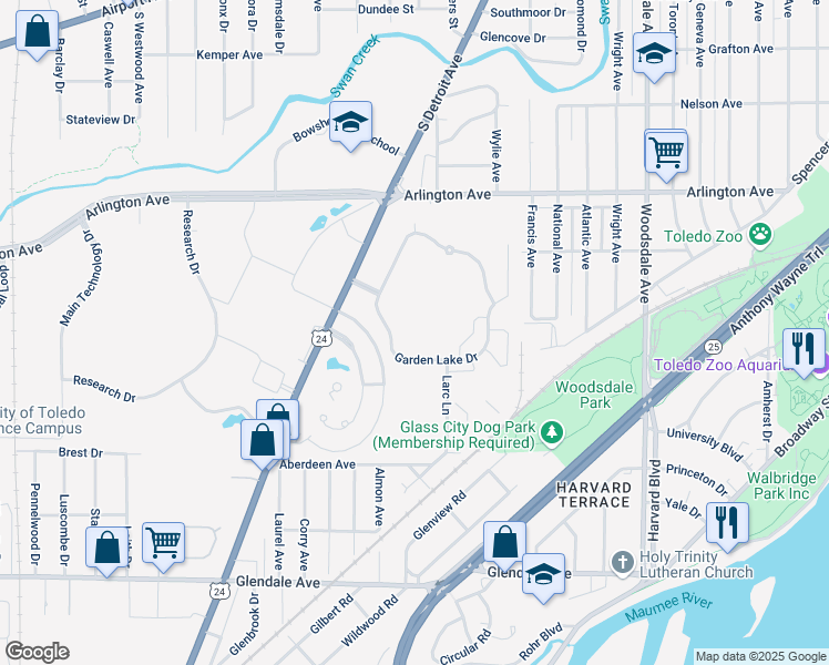 map of restaurants, bars, coffee shops, grocery stores, and more near 19 Garden Lake Drive in Toledo