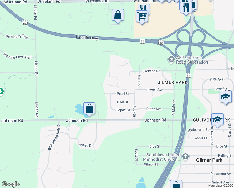 map of restaurants, bars, coffee shops, grocery stores, and more near 20350 Pearl Street in South Bend