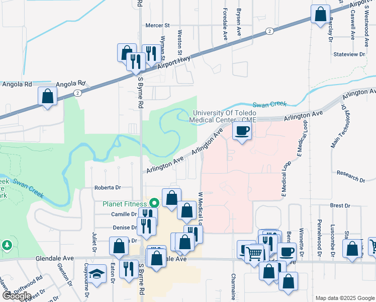 map of restaurants, bars, coffee shops, grocery stores, and more near 3320 Arlington Avenue in Toledo