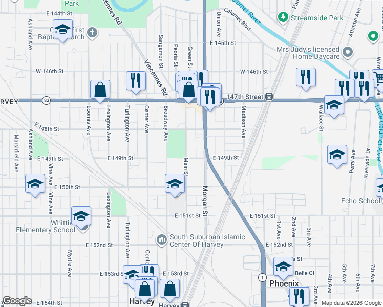 map of restaurants, bars, coffee shops, grocery stores, and more near 237 East 149th Street in Harvey