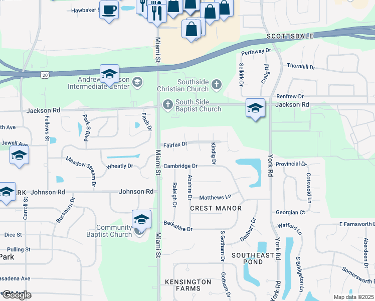map of restaurants, bars, coffee shops, grocery stores, and more near 5325 South Lee Court in South Bend