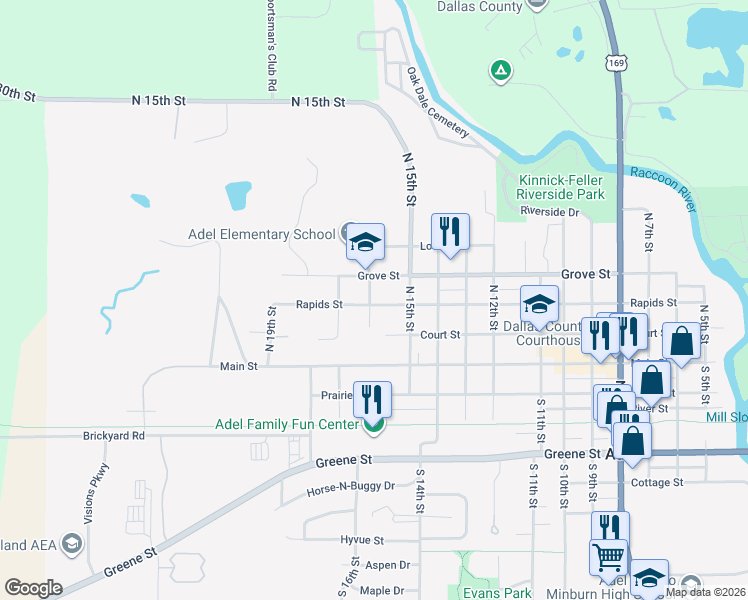 map of restaurants, bars, coffee shops, grocery stores, and more near 1517 Rapids Street in Adel