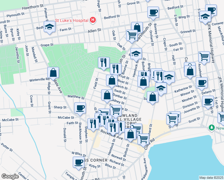 map of restaurants, bars, coffee shops, grocery stores, and more near 103 Dunbar Street in New Bedford
