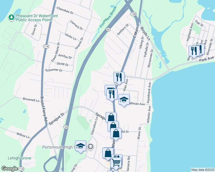 map of restaurants, bars, coffee shops, grocery stores, and more near 26 Seafare Lane in Portsmouth